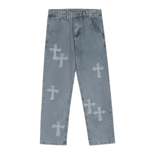 Cross Embroidered Baggy Jeans